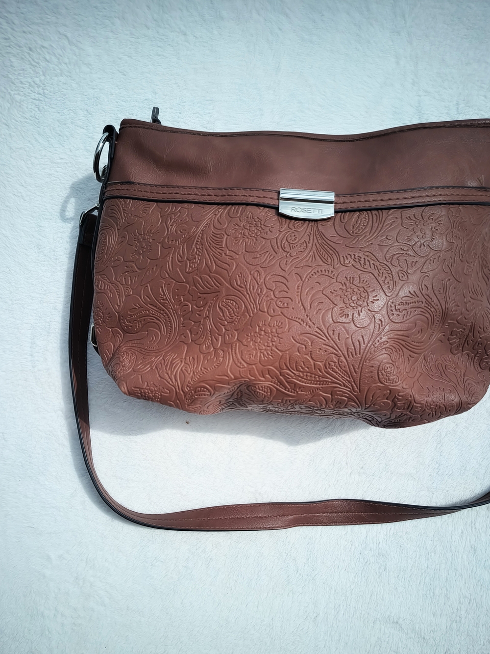 Rosetti Brown Embossed Faux Leather Shoulder Bag with Adjustable Strap